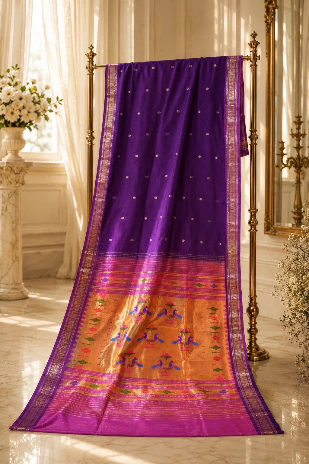 Purple Double-padar bird panel with buti body Paithani editorial