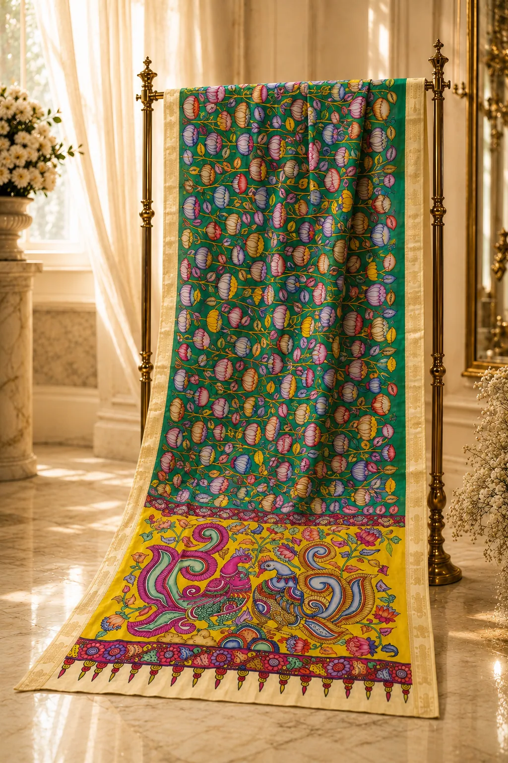 green-cream Peacock and floral Kalamkari / green-cream Paithani