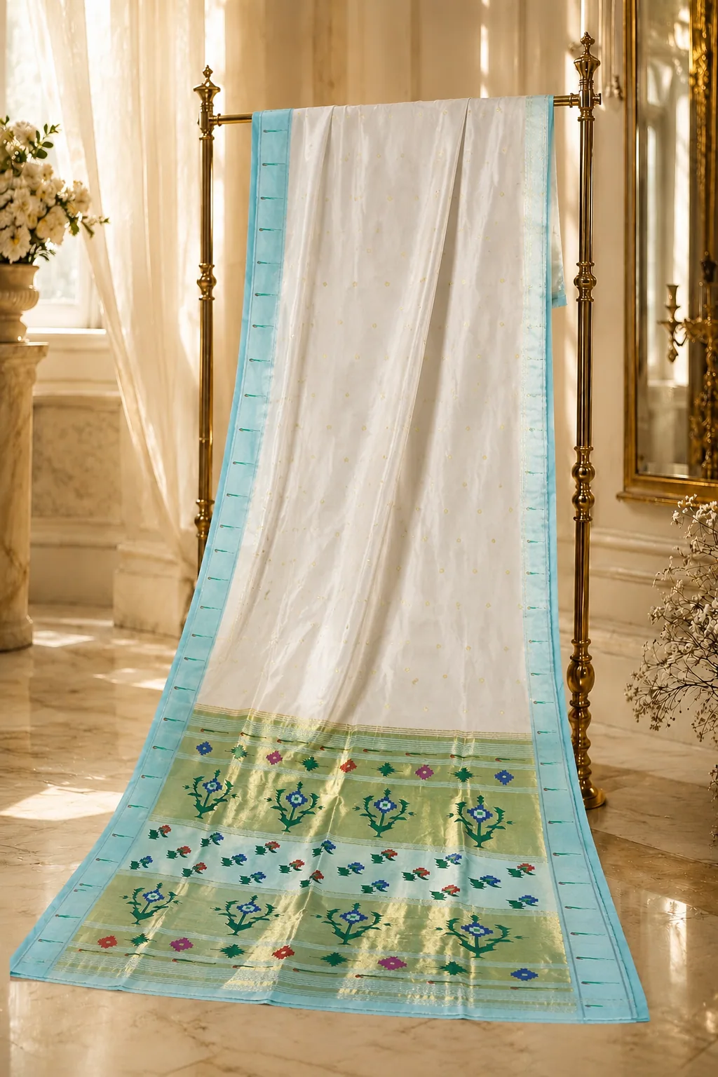 aqua-blue Aqua floral-peacock tissue pallu Paithani editorial
