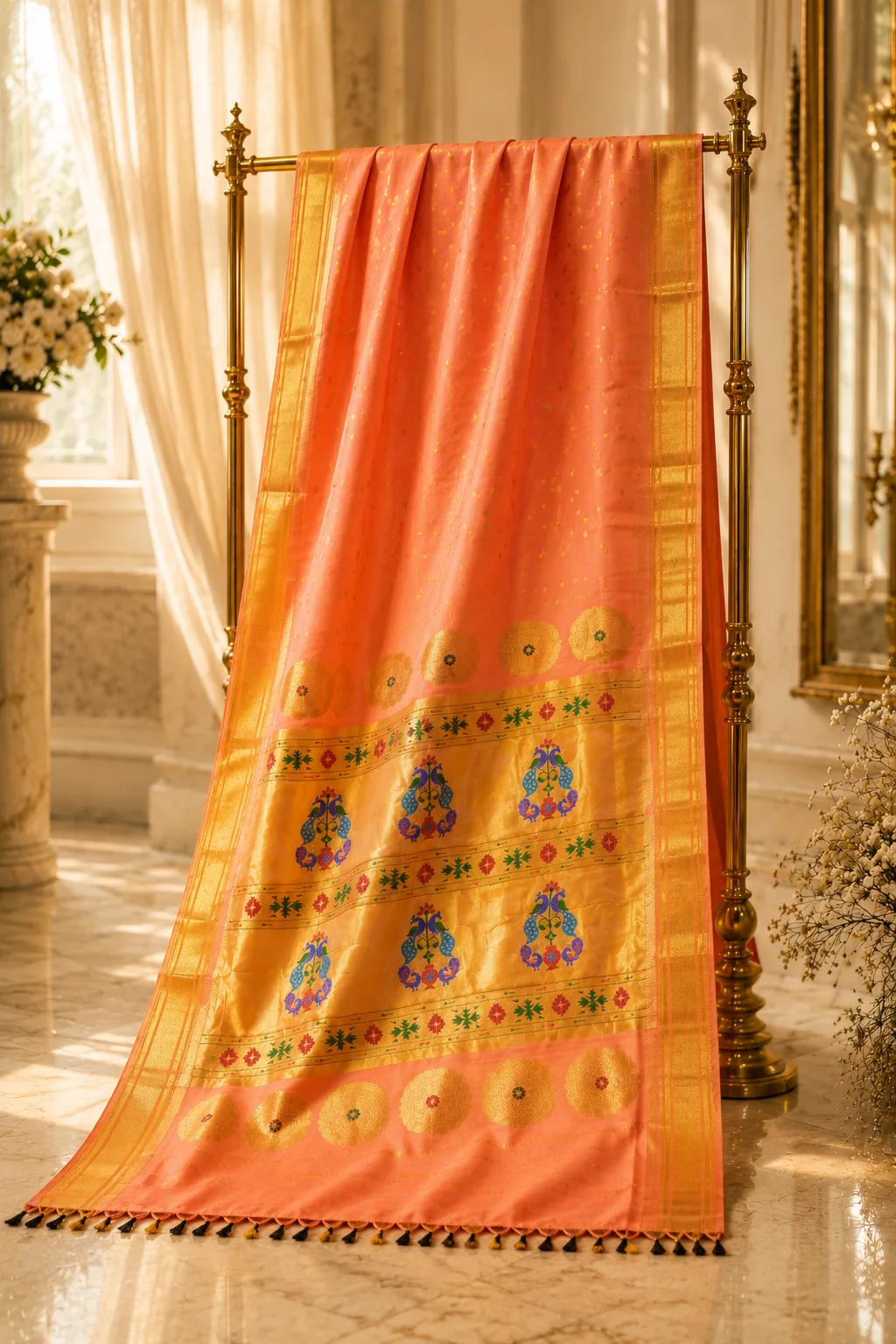 coral Coral grid pallu Paithani editorial