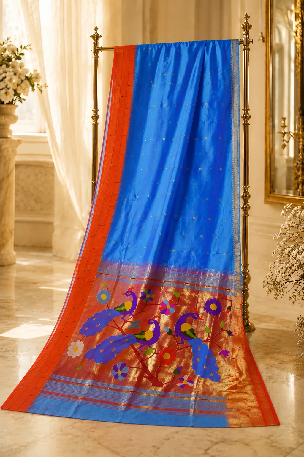 cobalt-red Cobalt-red peacock/tree pallu Paithani
