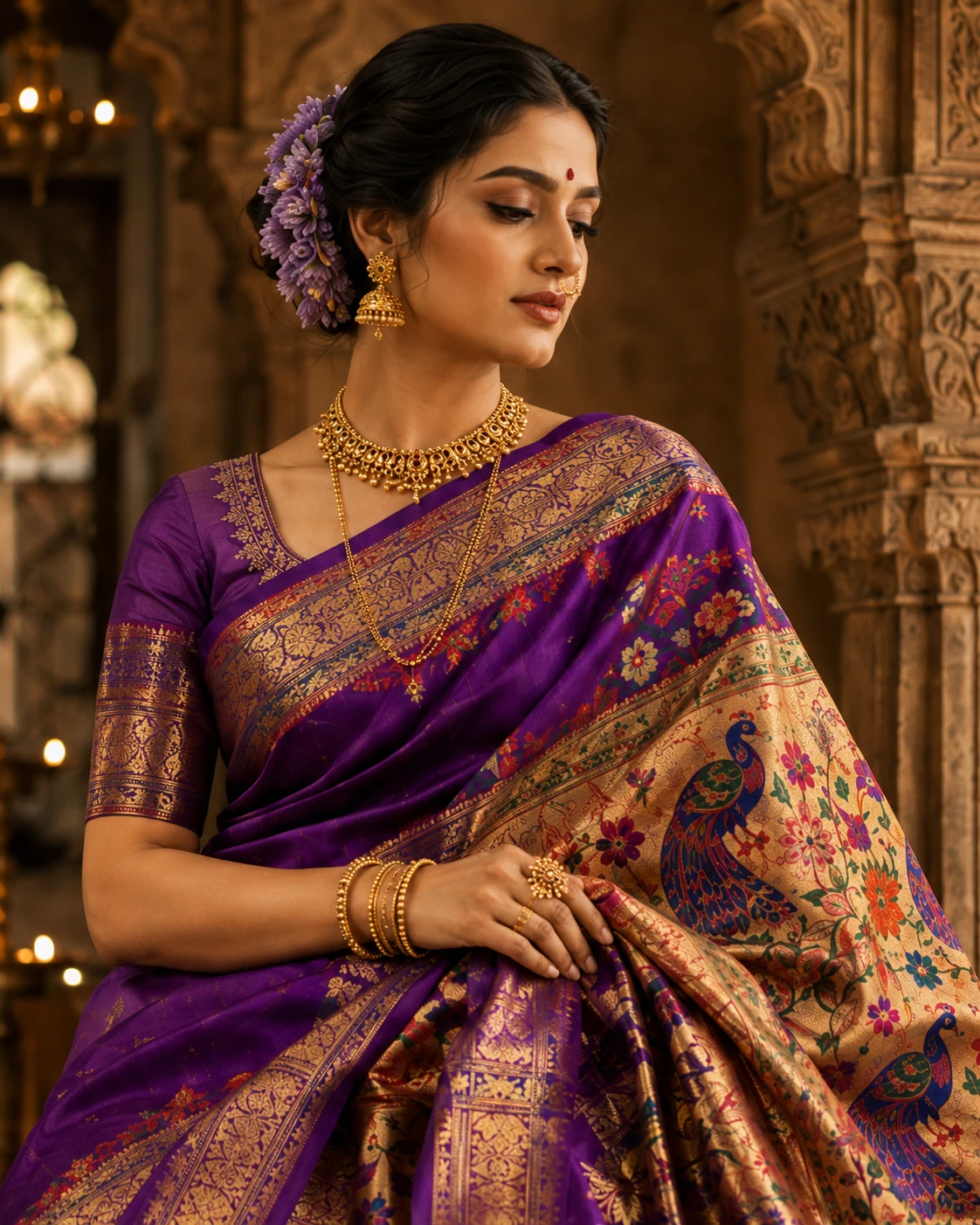 A woman wearing a royal purple Kulswamini Paithani with its peacock pallu
