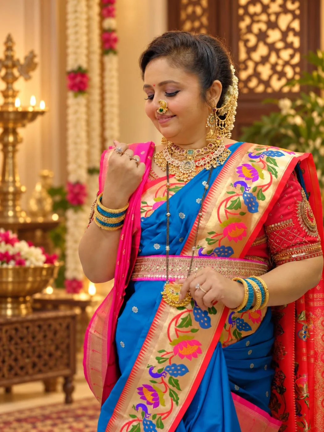 Shweta Bobde, founder of Kulswamini Paithani, in a sky-blue handwoven Paithani