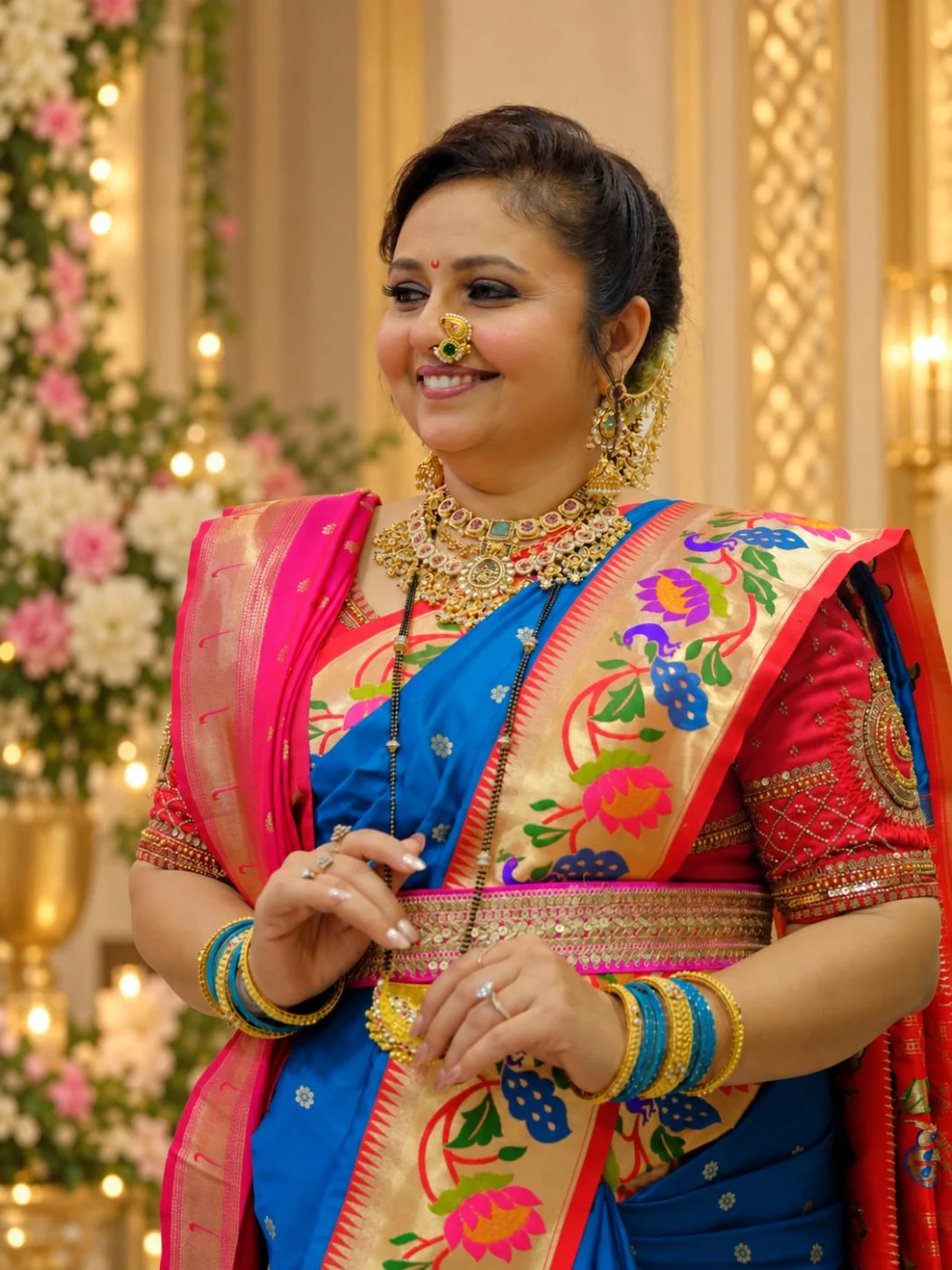 Shweta Bobde in a royal-blue Paithani with a peacock-and-lotus pallu