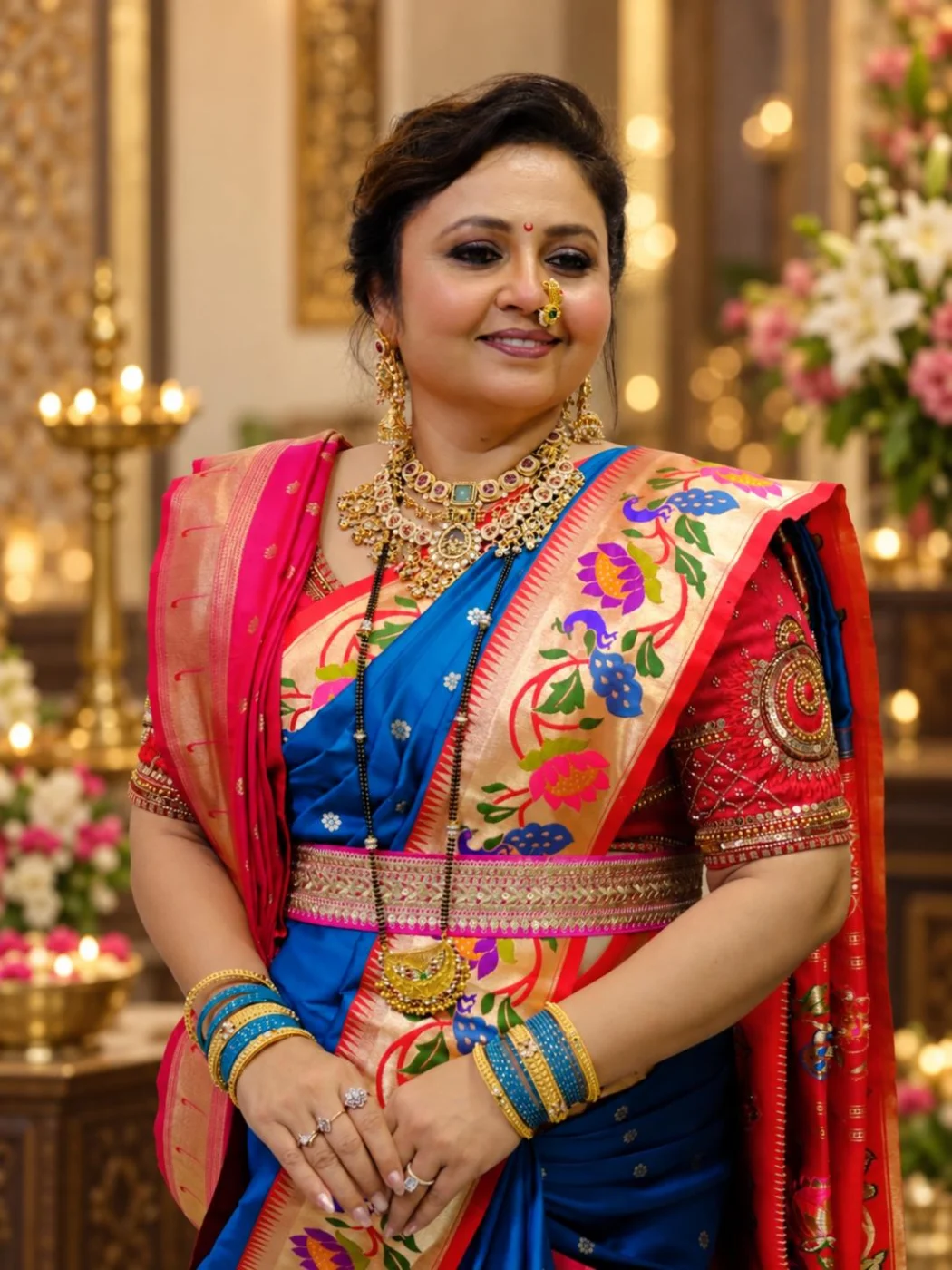 Shweta Bobde in a royal-blue Paithani with a gold zari border