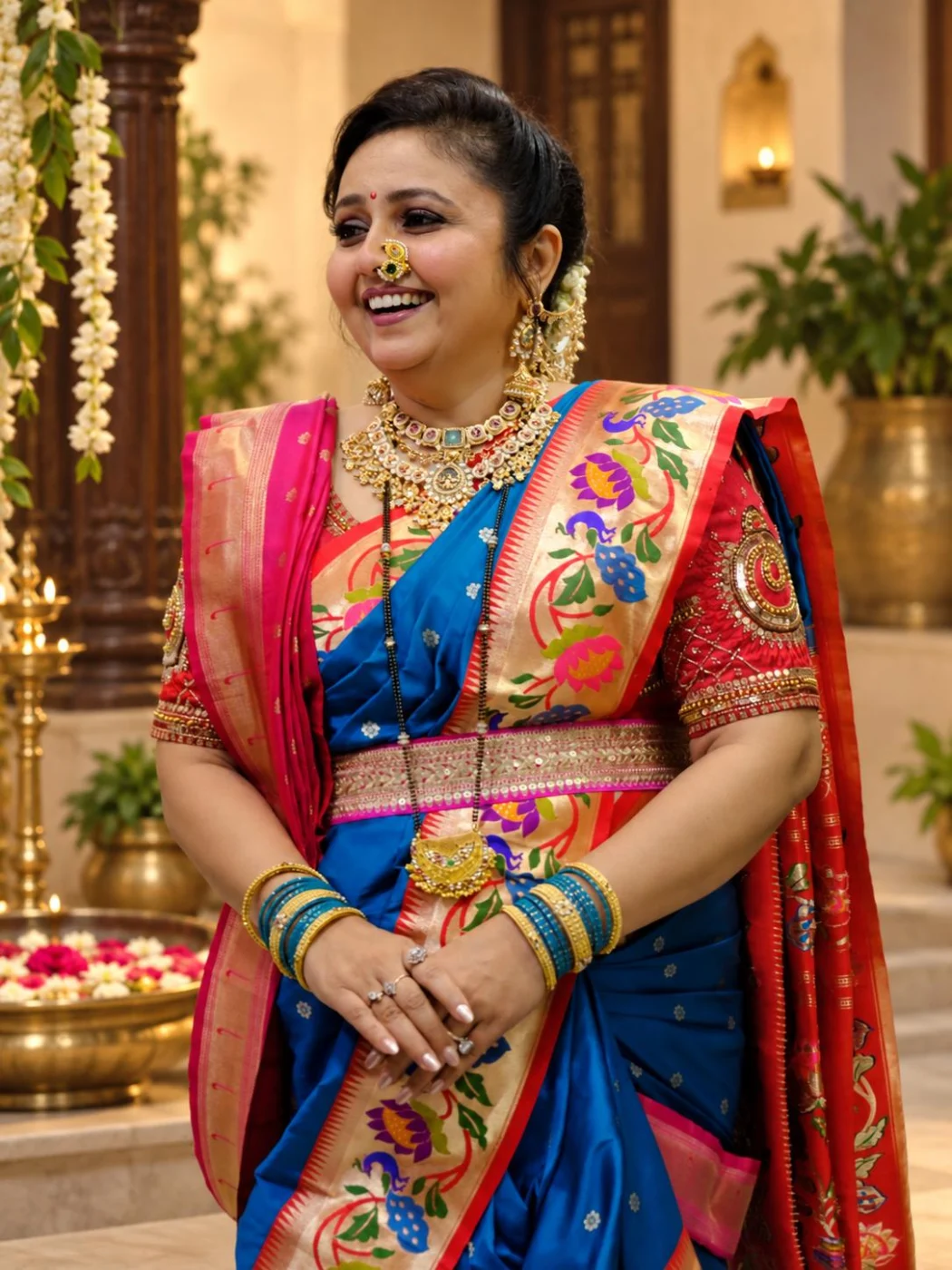 Shweta Bobde in a royal-blue Paithani at the atelier