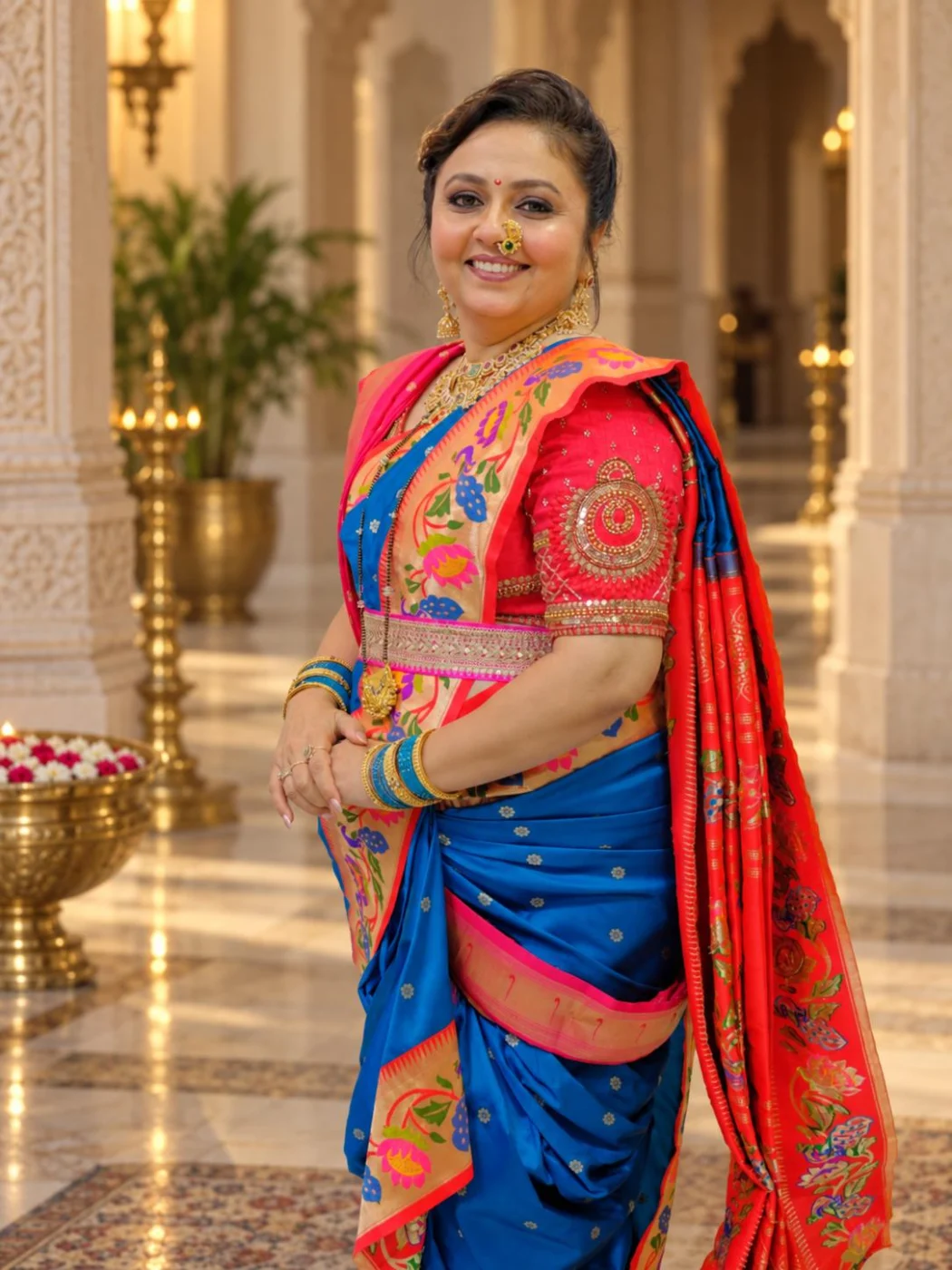 Shweta Bobde, founder of Kulswamini Paithani, in a handwoven royal-blue Paithani