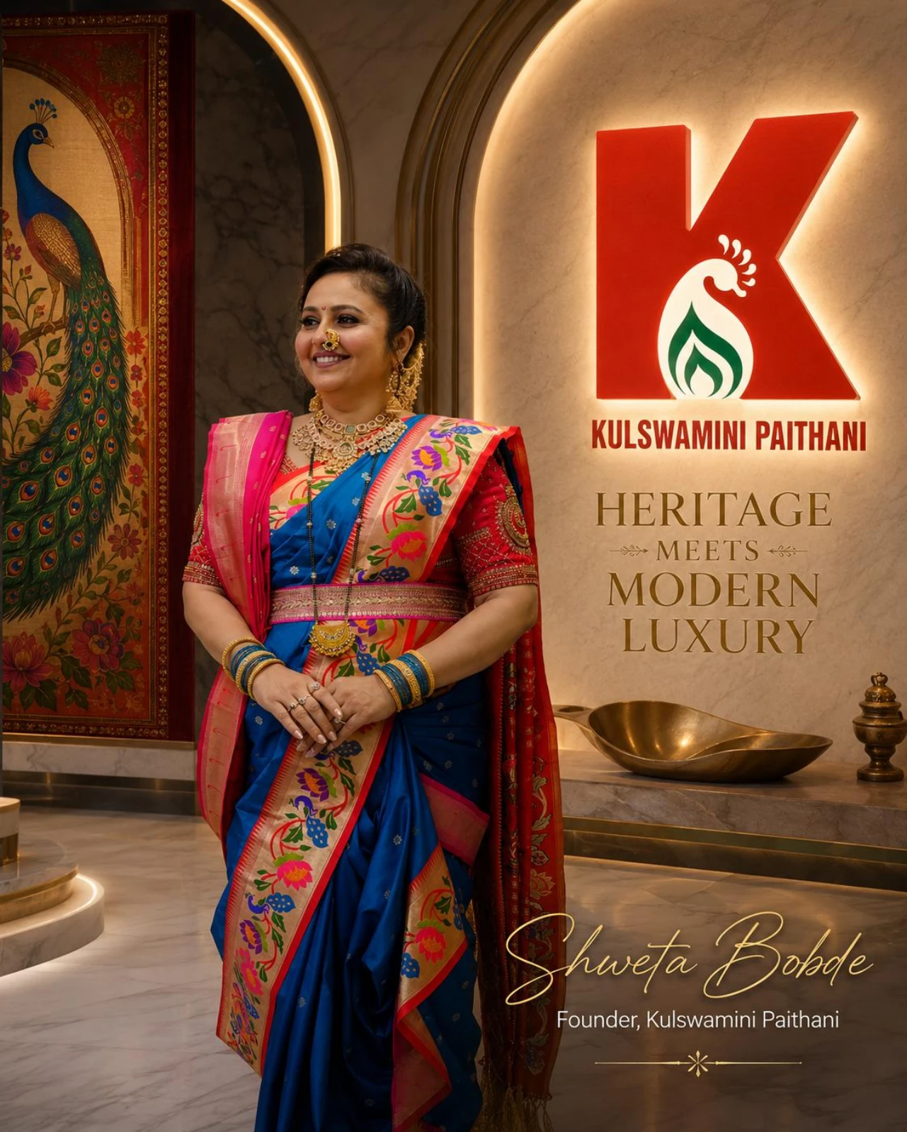 Shweta Bobde, founder of Kulswamini Paithani, in a royal-blue handwoven Paithani beside the Kulswamini Paithani brand wall reading Heritage Meets Modern Luxury