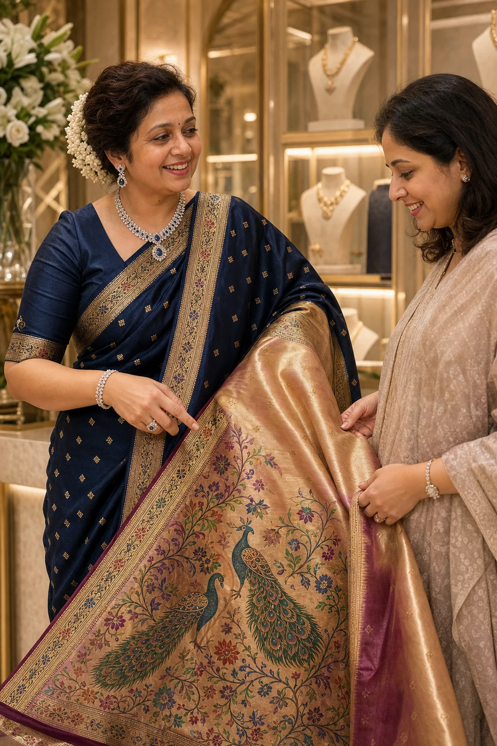 Shweta Bobde personally guiding a customer through Paithani sarees at the Kulswamini Paithani store