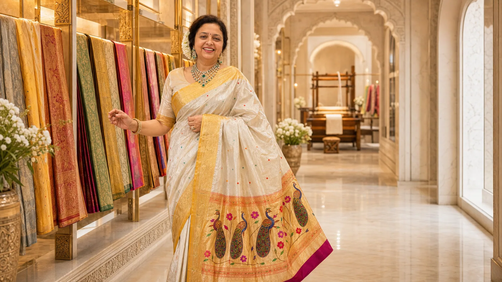 Inside the Kulswamini Paithani atelier — framed handwoven Paithani sarees