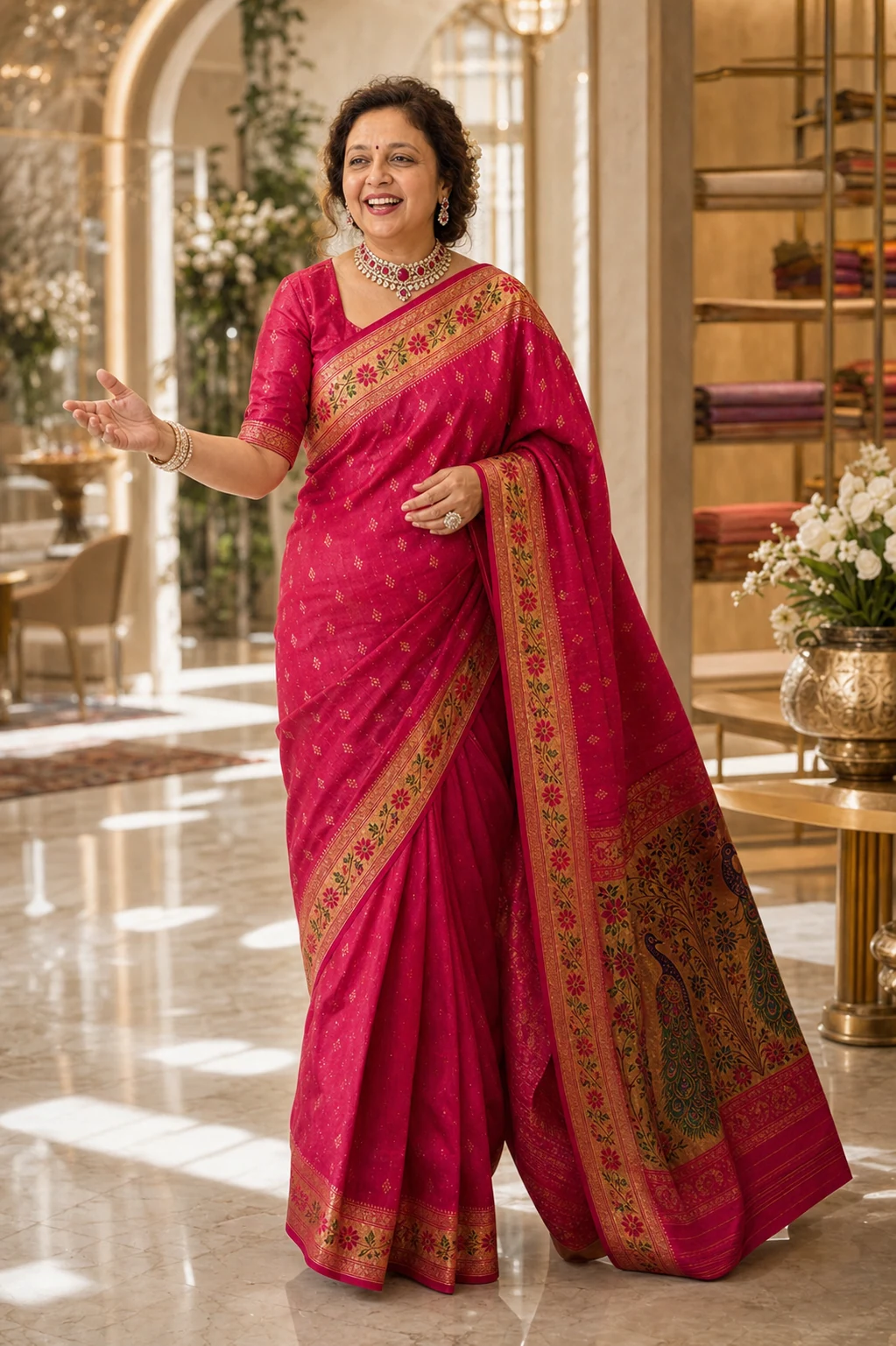 Shweta Bobde, founder and curator of Kulswamini Paithani, presenting a handwoven Paithani saree at the Kulswamini Paithani store