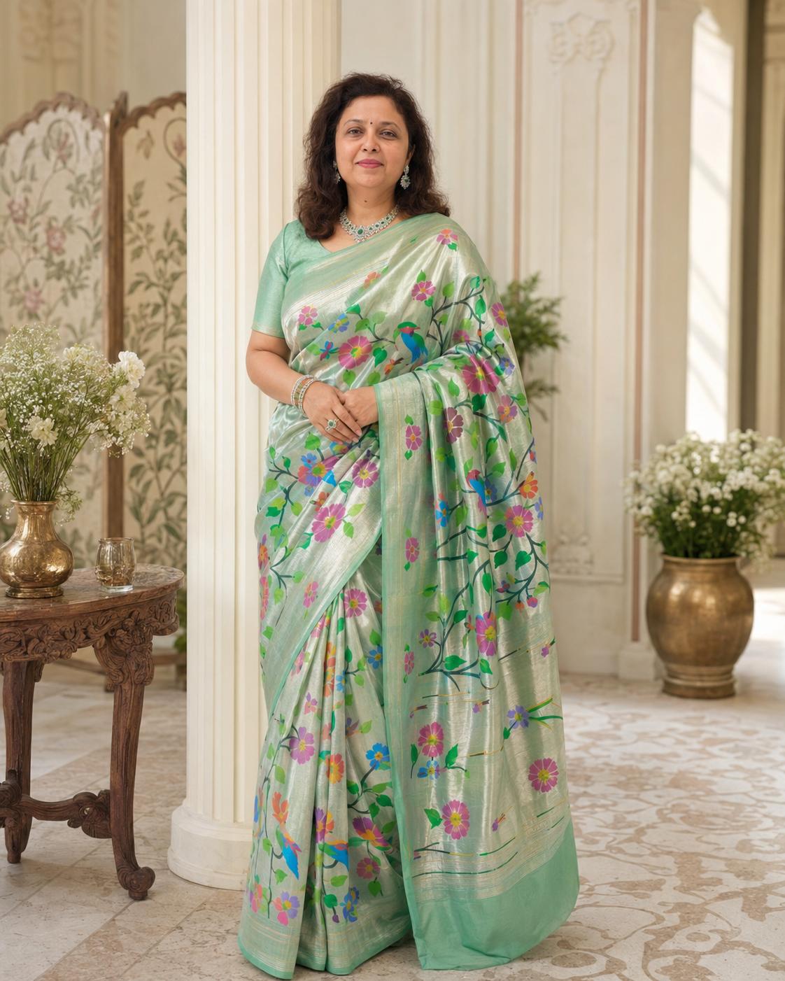 Shweta Bobde in a pistachio-green floral Paithani