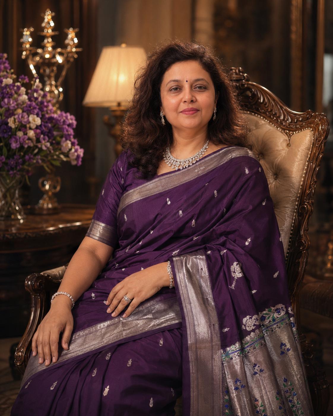 Shweta Bobde in a royal-plum silver-zari Paithani