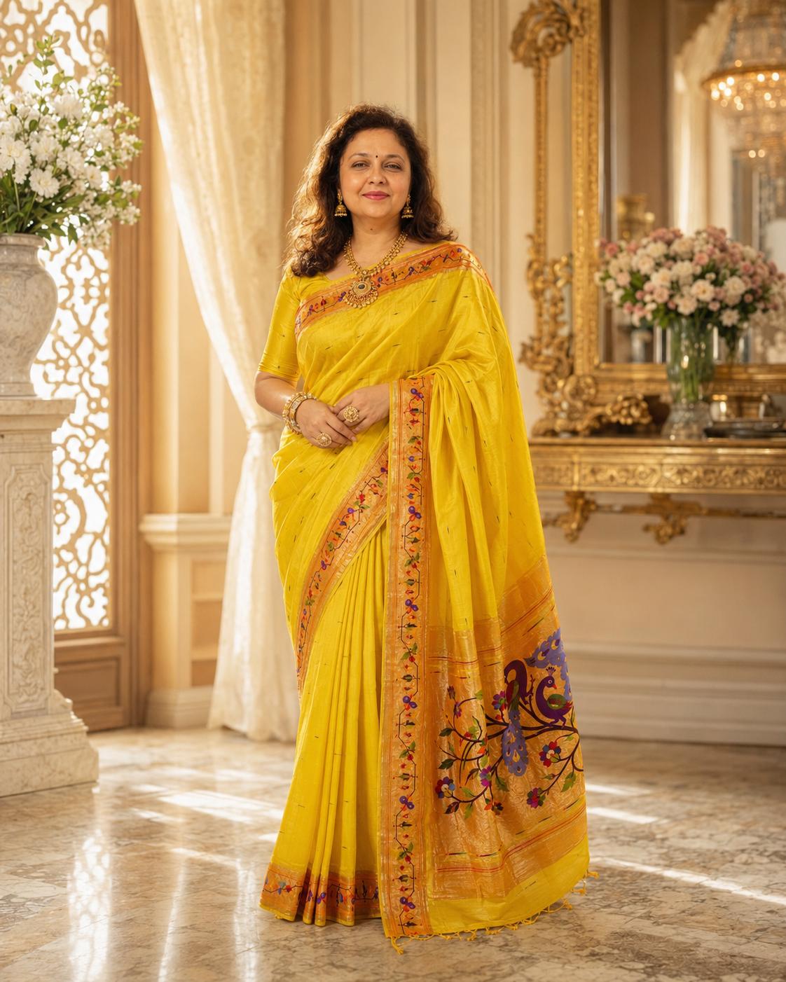 Shweta Bobde in a turmeric-yellow Paithani with peacock pallu
