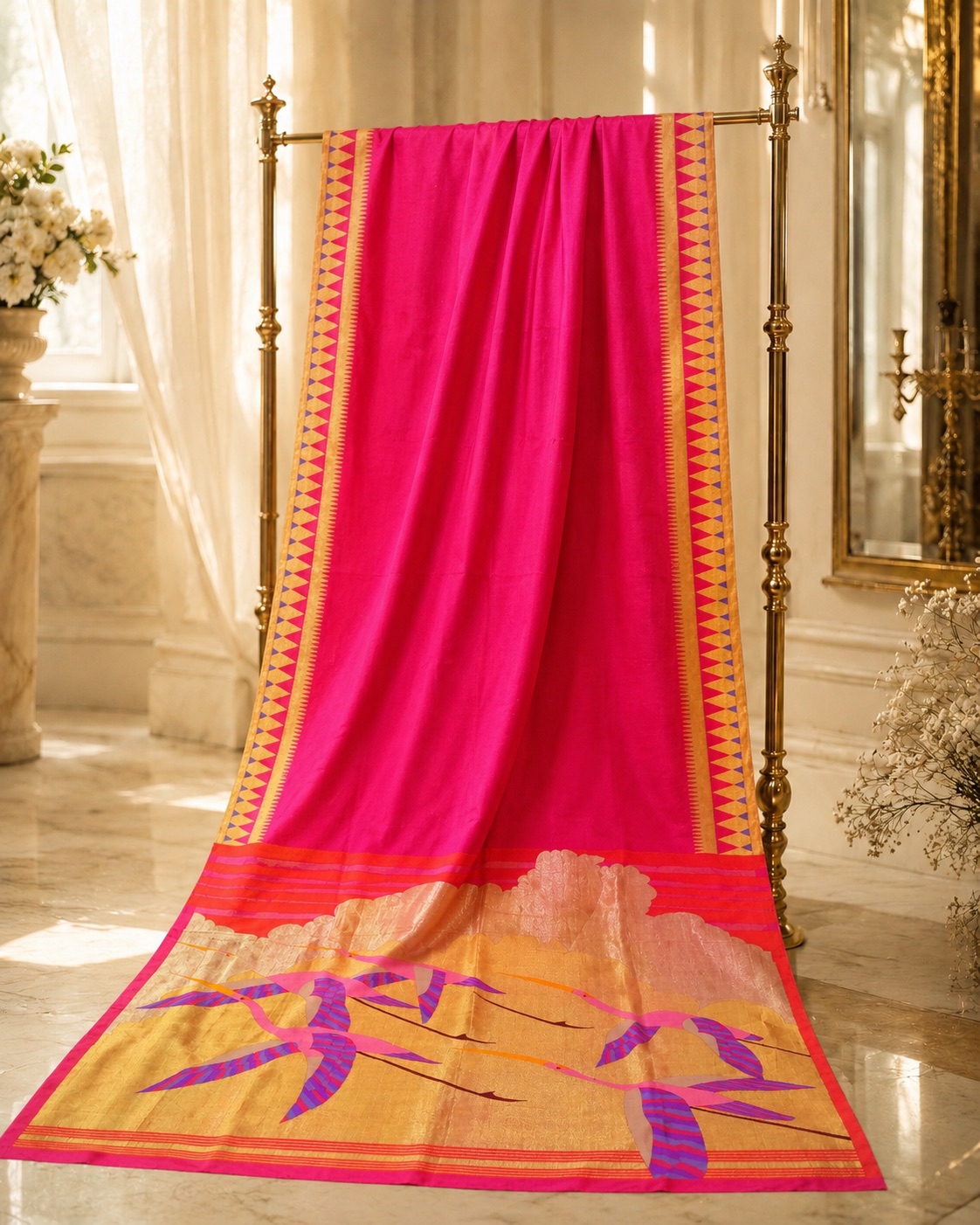 Hot Pink Paithani — Temple border with a woven bird-motif padar.