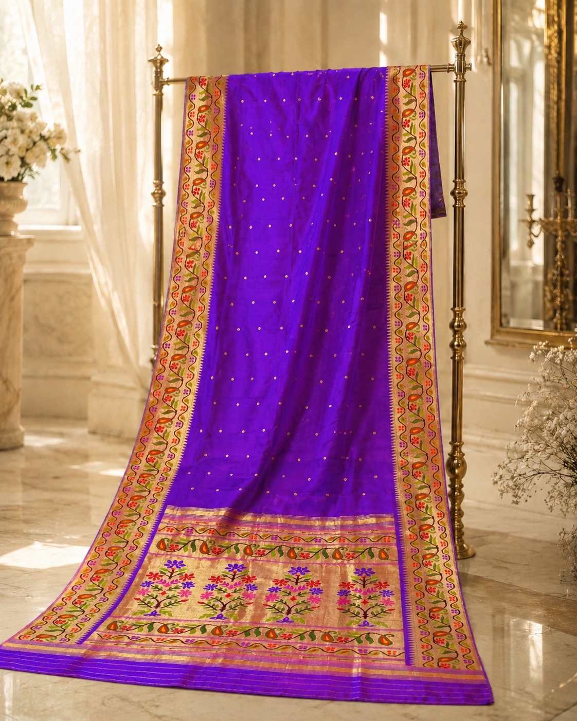 Royal Purple Paithani — Gold buttis with a rich floral padar.