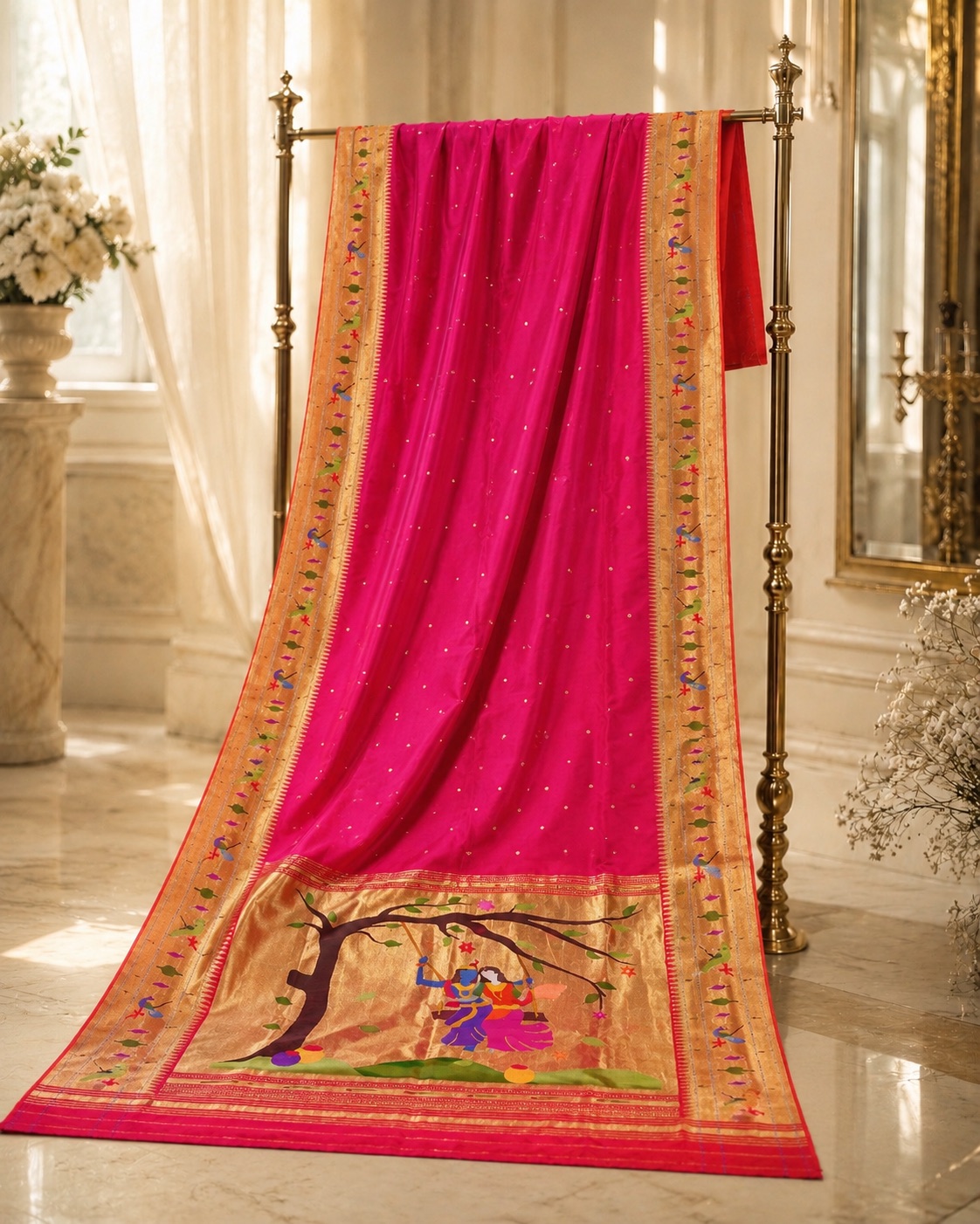 Rani Pink Paithani — Peacock border with a figurative swing-scene padar.