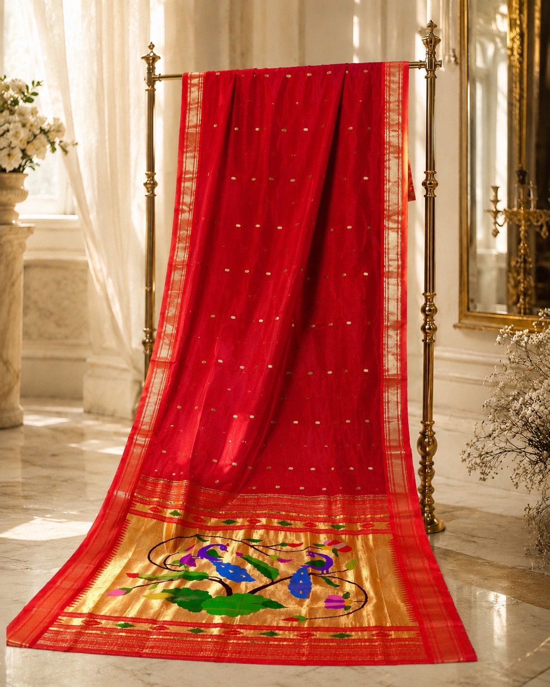 Classic Red Paithani — Traditional red with a twin-peacock padar.