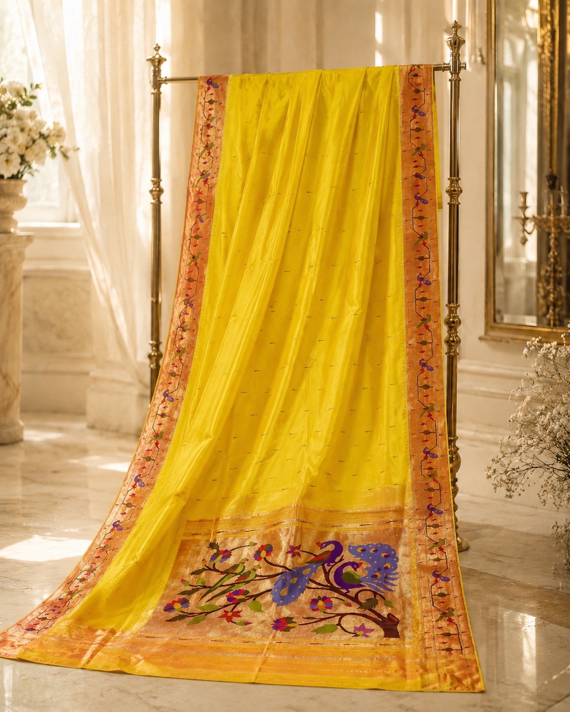 Sunshine Yellow Paithani — Woven peacock-and-parrot padar in vivid tones.